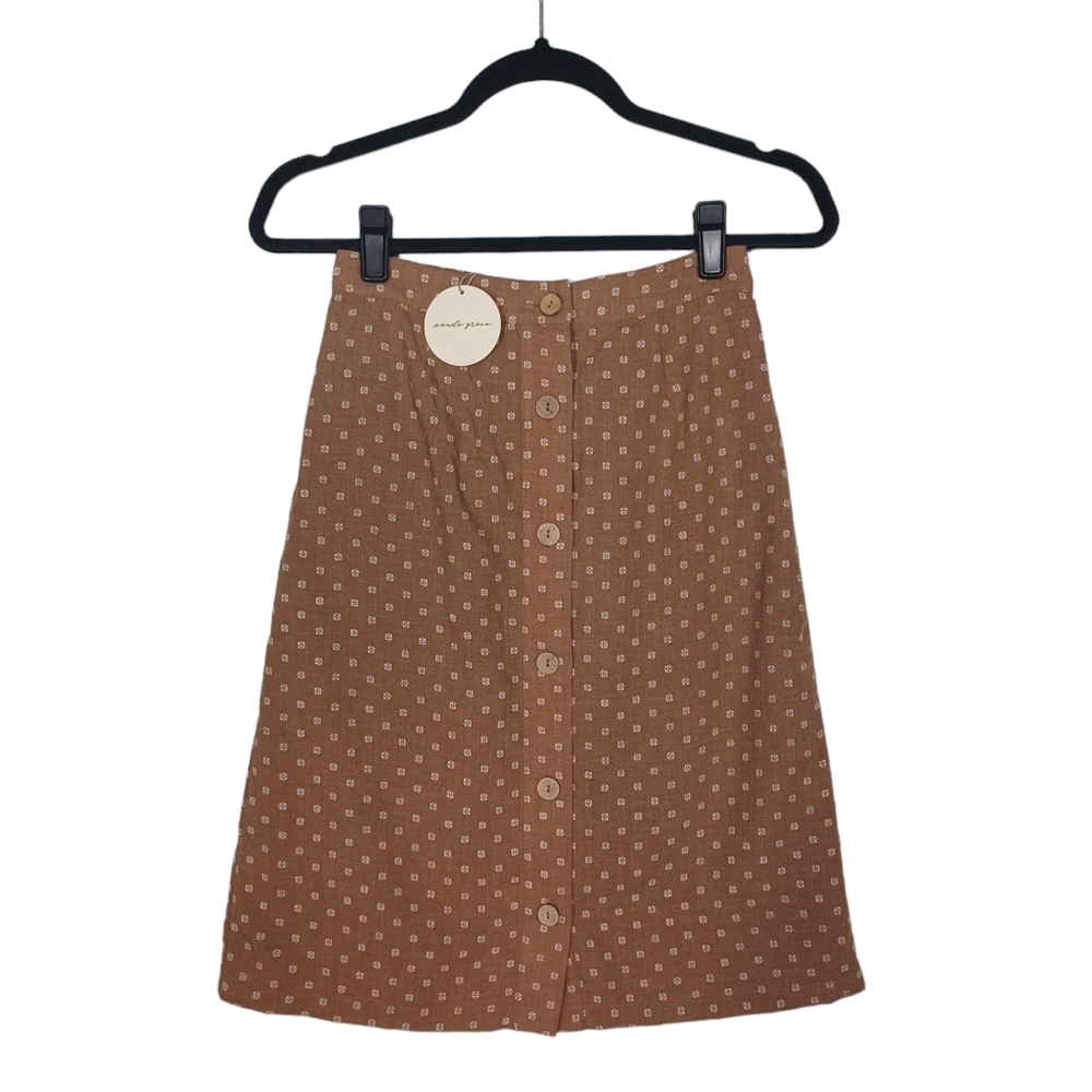 Midi A-Line Button-Front Skirt in Brown Polka Dot